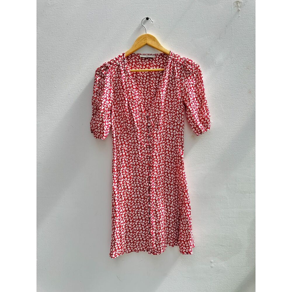 AllSaints Kota Scatter Red Ditsy Floral Button-Front Mini Dress V-Neck Size S